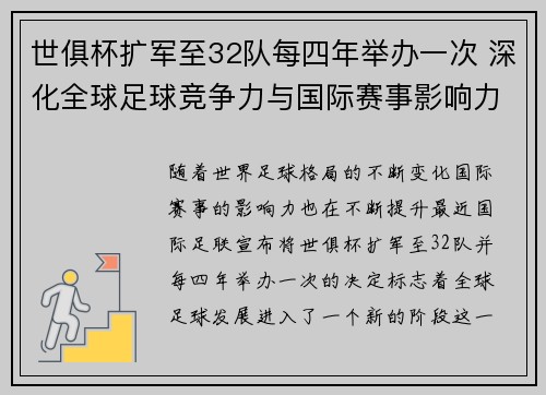 世俱杯扩军至32队每四年举办一次 深化全球足球竞争力与国际赛事影响力 世俱杯扩军至32队每四年举办一次 深化全球足球竞争力与国际赛事影响力