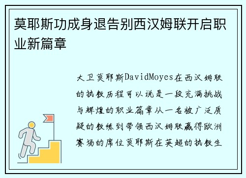 莫耶斯功成身退告别西汉姆联开启职业新篇章